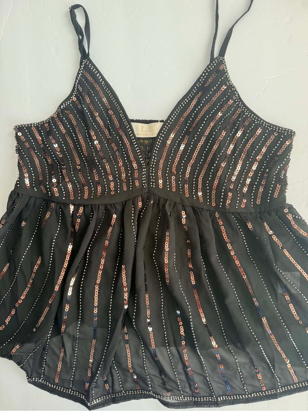 Lizette Collection Black Sequin Beaded Cami Top -Size S - Y2K Embroidered - NWT